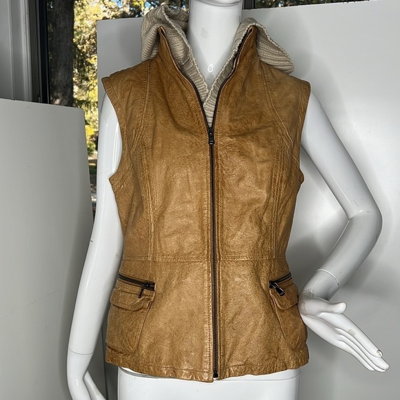 Jakett New York Sz M Tan Leather Vest Jacket with Detachable Knit Sweater Hood - Picture 1 of 9